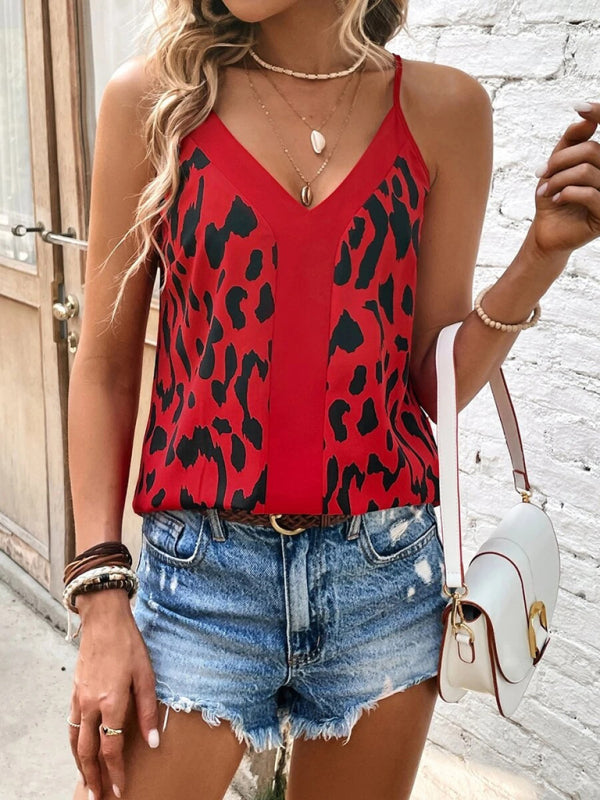 Women's V-neck leopard print stitching solid color camisole top