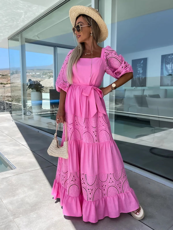 Women's Woven Square Neck Hollow Crochet Mosaic Loose Long Dress