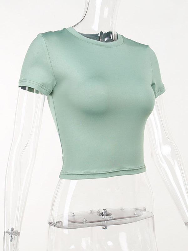 Women's solid color casual round neck slim fit short sleeve T-shirt