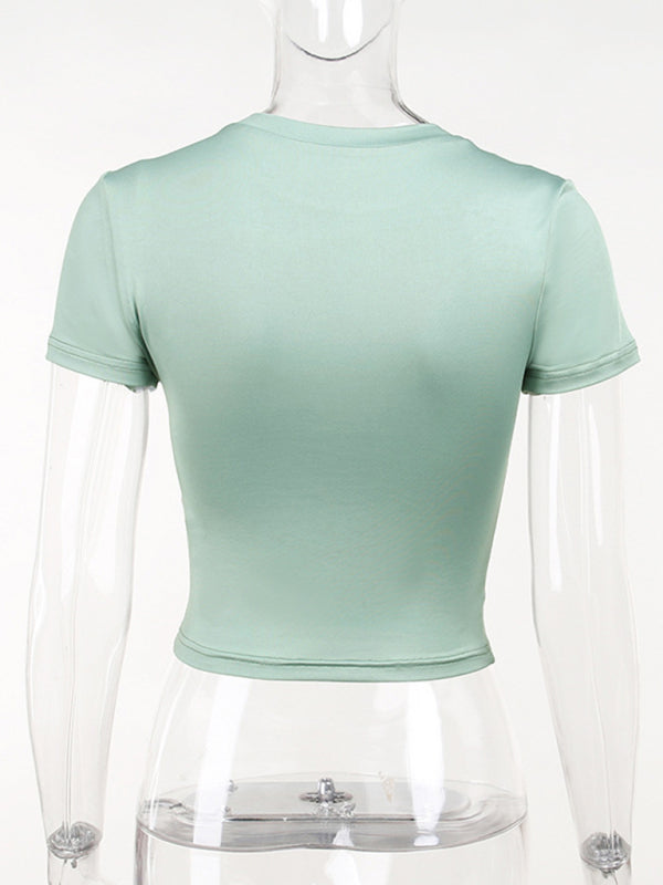 Women's solid color casual round neck slim fit short sleeve T-shirt