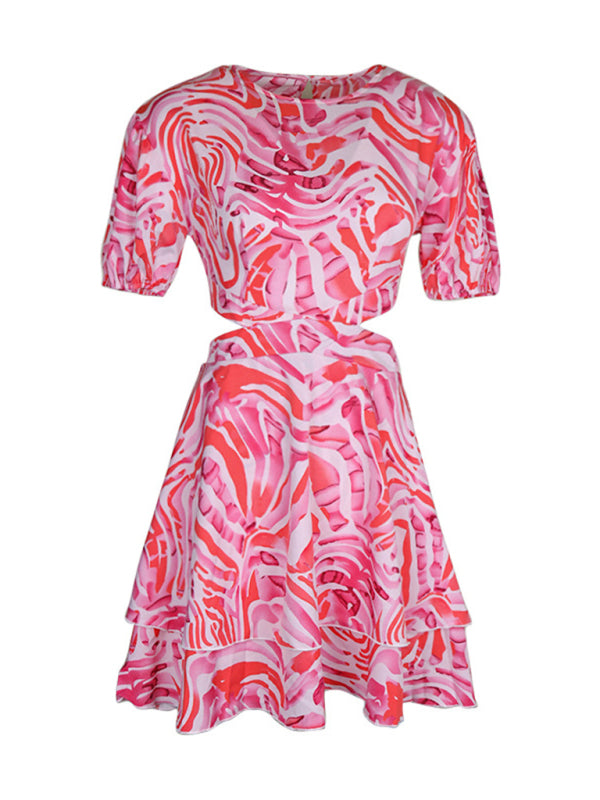 Women's Woven Round Neck Hollow Backless Ties Abstract Print Dress