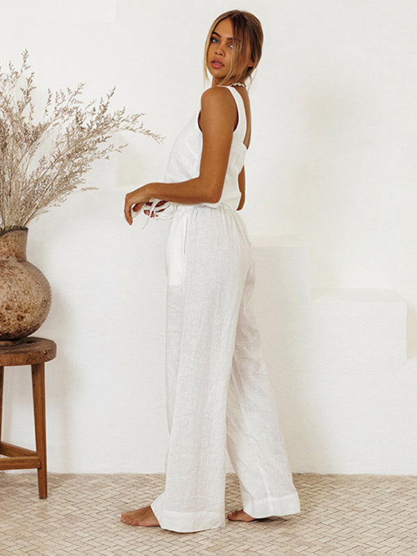 White Sleeveless Top & High Waist Trouser Set