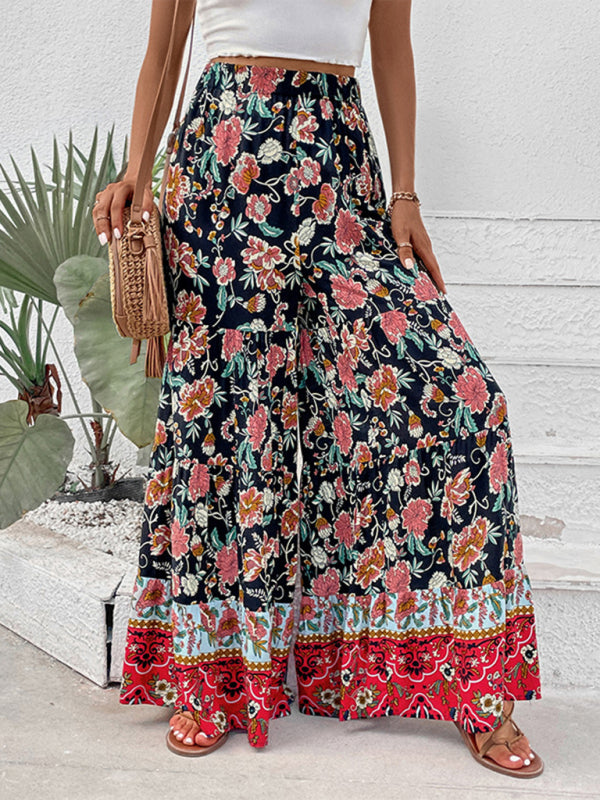 Floral Flared Wide-Leg Pants