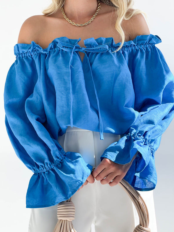 Elegant Bandage Loose Casual One Shoulder Balloon Sleeve Top