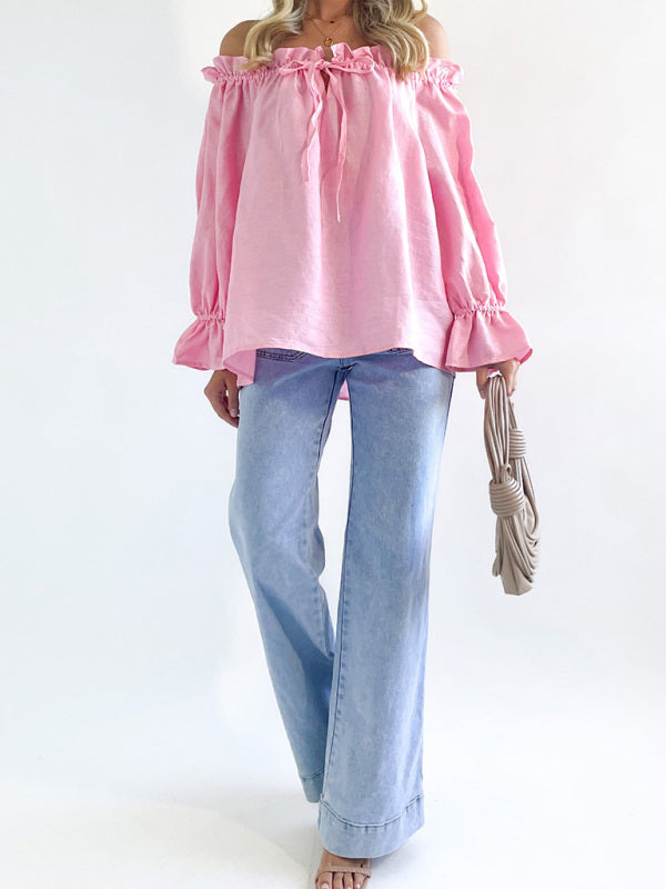Elegant Bandage Loose Casual One Shoulder Balloon Sleeve Top