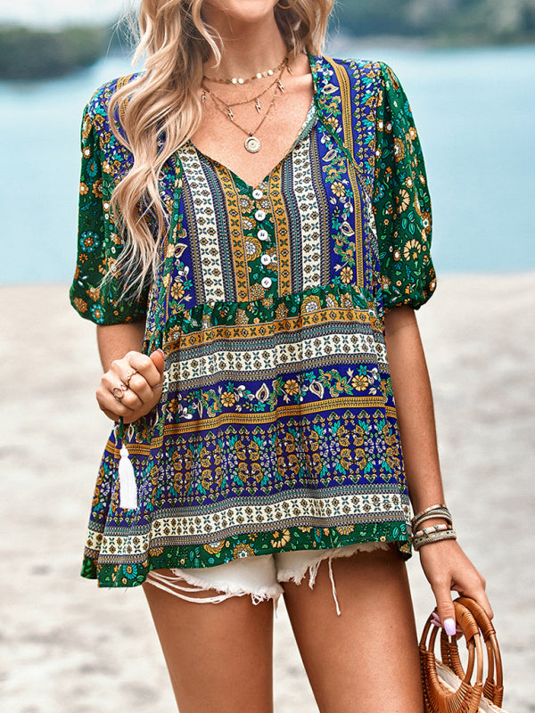 New Ladies Casual Bohemian Printed Shirt Top
