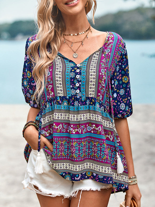 New Ladies Casual Bohemian Printed Shirt Top