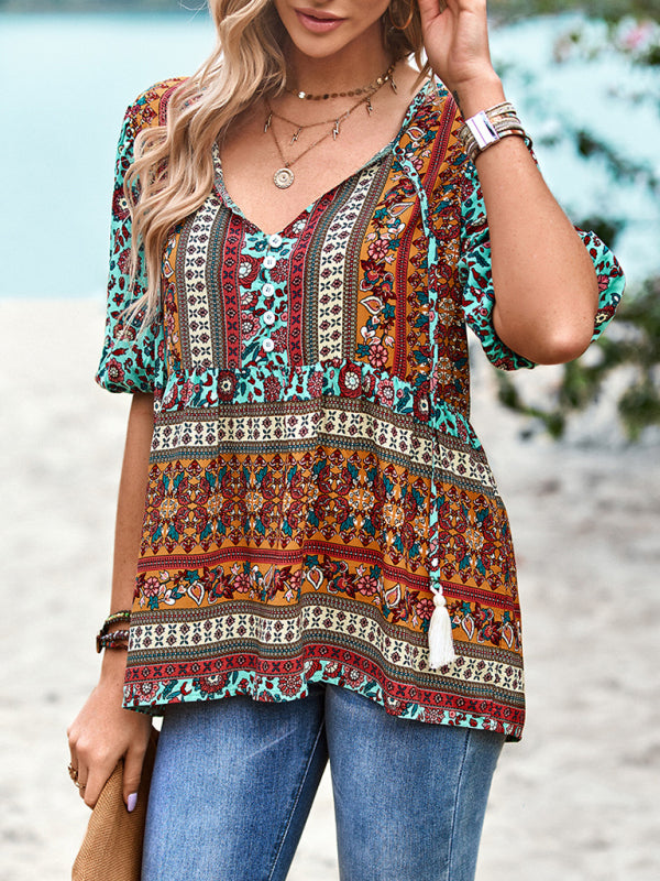 New Ladies Casual Bohemian Printed Shirt Top