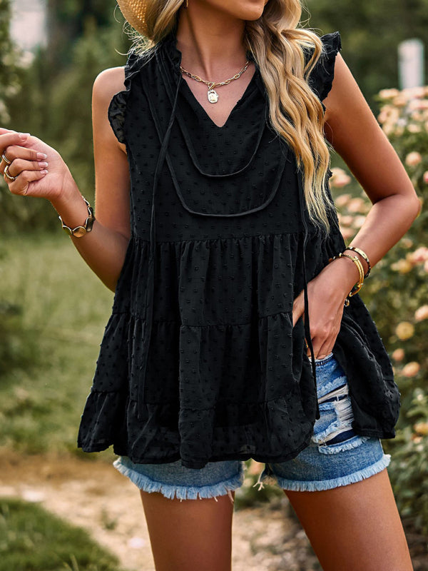 V-neck loose top with flying sleeves casual vacation blouse