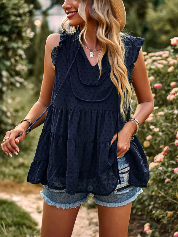 V-neck loose top with flying sleeves casual vacation blouse