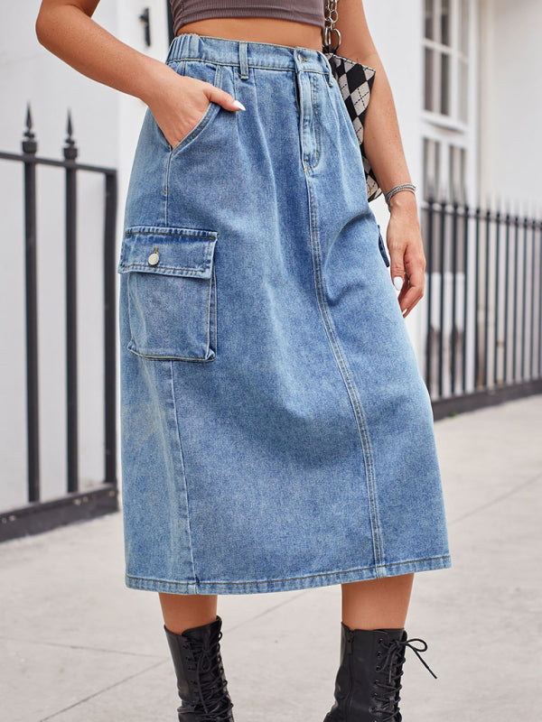 New all-match slimming tooling washed denim skirt mid-length skirt