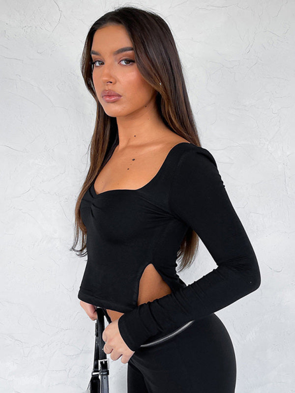 Solid Color Square Neck Long Sleeve Top