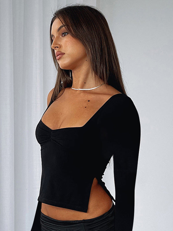 Solid Color Square Neck Long Sleeve Top