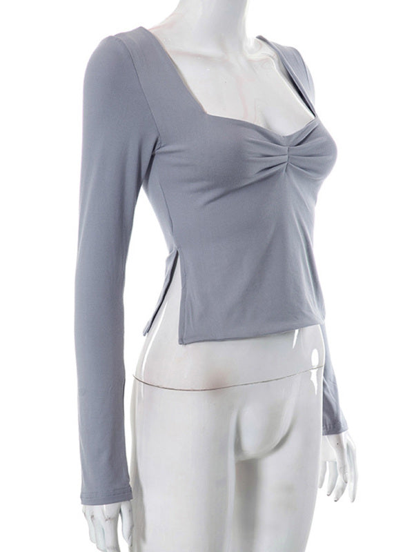 Solid Color Square Neck Long Sleeve Top