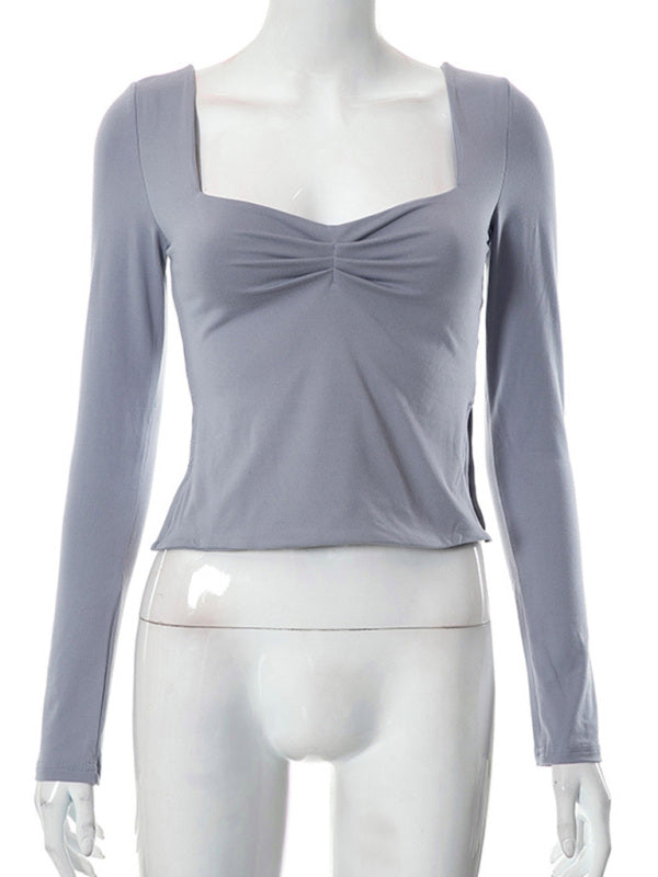 Solid Color Square Neck Long Sleeve Top