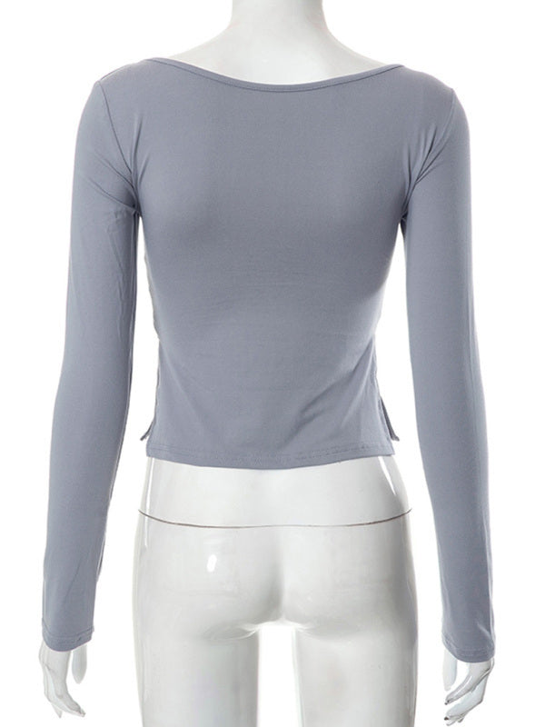 Solid Color Square Neck Long Sleeve Top