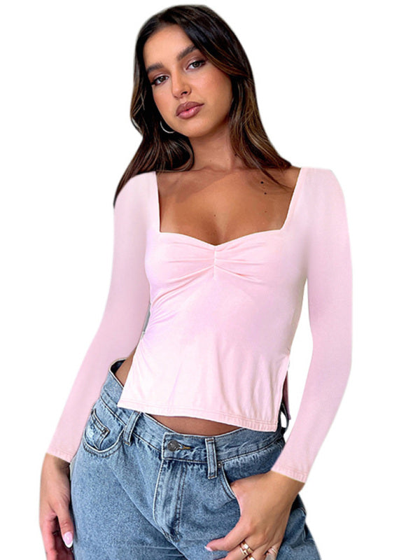 Solid Color Square Neck Long Sleeve Top
