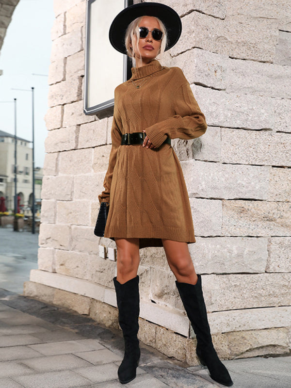 Mid-high collar solid color sweater(belt not included)