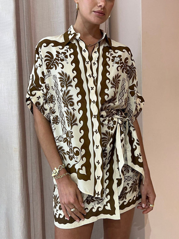 Women's Shirt & Mini Skirt Set Brown Hibiscus Floral Print