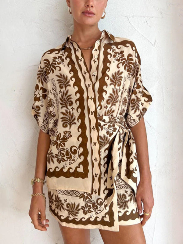 Women's Shirt & Mini Skirt Set Brown Hibiscus Floral Print