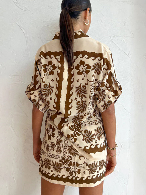 Women's Shirt & Mini Skirt Set Brown Hibiscus Floral Print