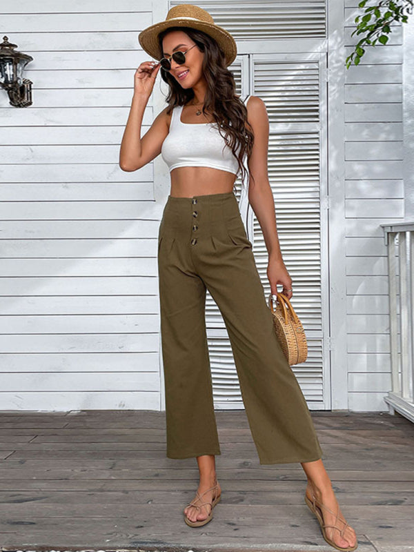 Nine-point High-waisted Cotton & Linen Slim-fit Flared Pants