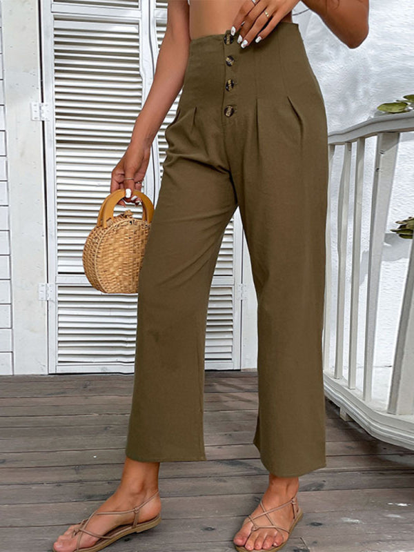 Nine-point High-waisted Cotton & Linen Slim-fit Flared Pants