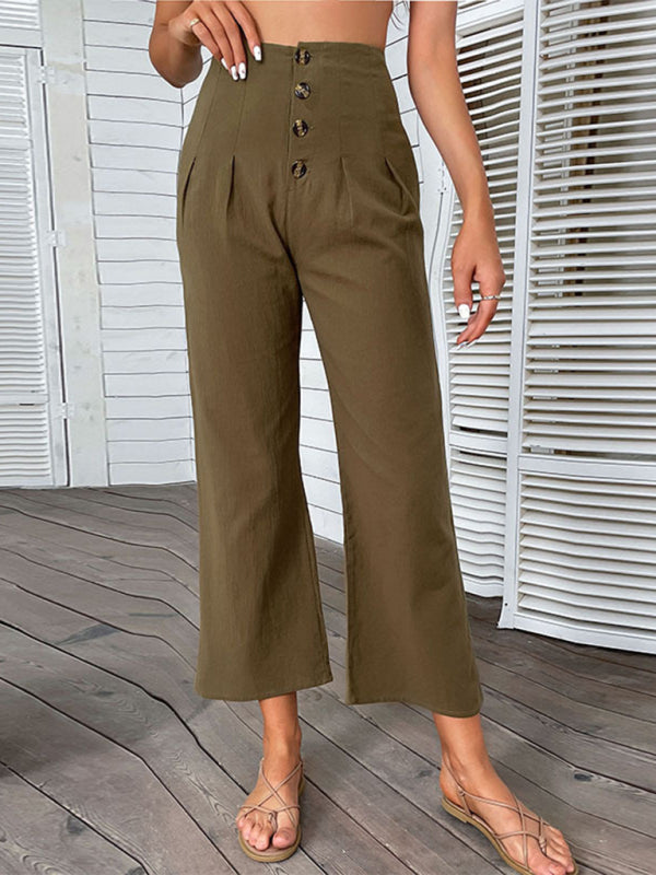 Nine-point High-waisted Cotton & Linen Slim-fit Flared Pants