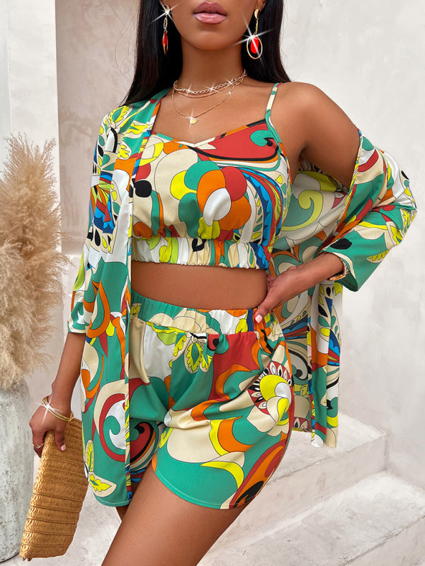 Printed Waist-Cinching Versatile Top Three-Piece Set