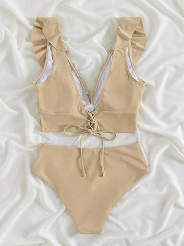 New women's lace V-neck ruffled high-waist bikini