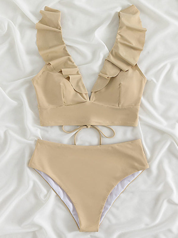 New women's lace V-neck ruffled high-waist bikini