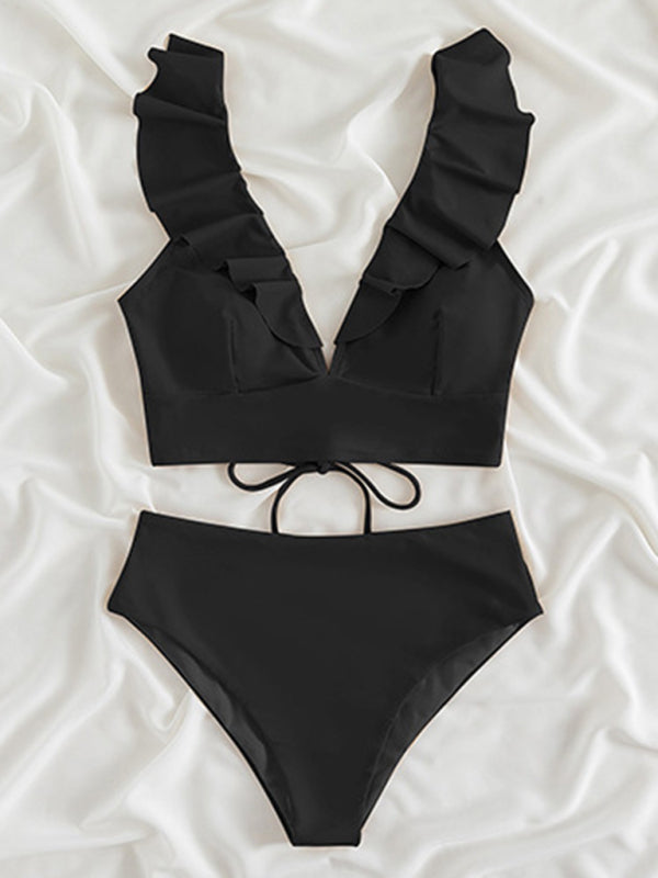 New women's lace V-neck ruffled high-waist bikini