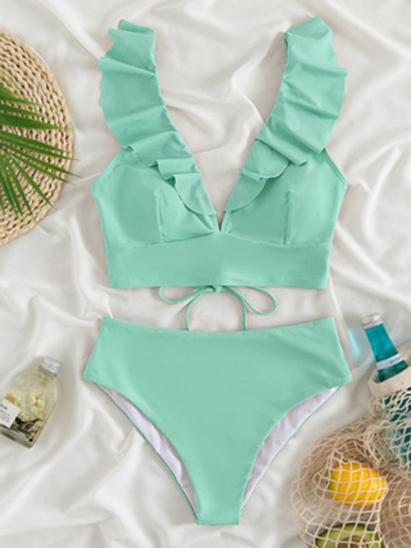 New women's lace V-neck ruffled high-waist bikini