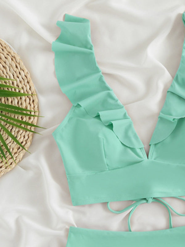 New women's lace V-neck ruffled high-waist bikini