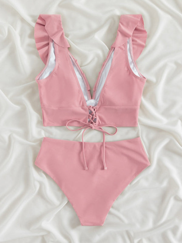 New women's lace V-neck ruffled high-waist bikini
