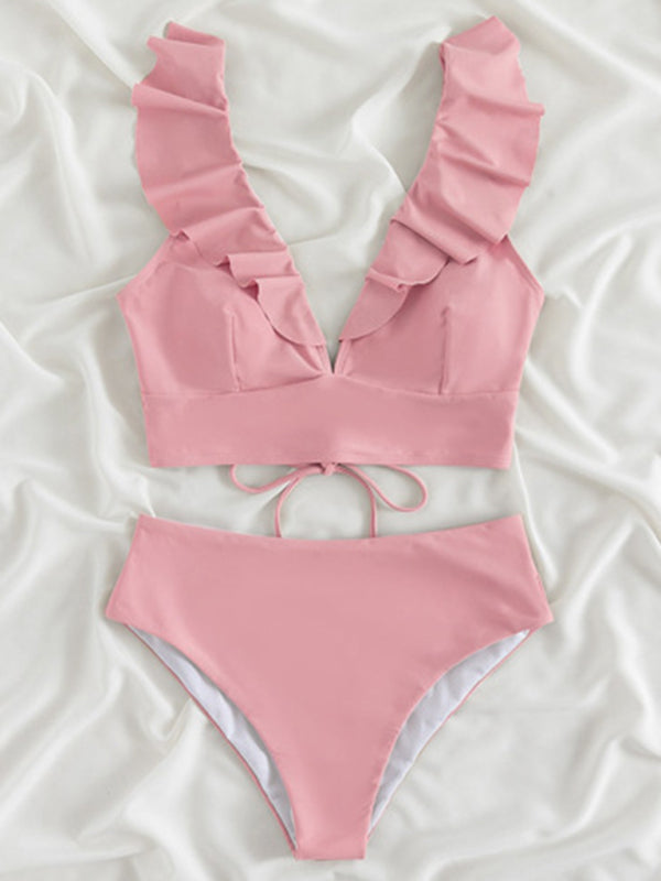 New women's lace V-neck ruffled high-waist bikini