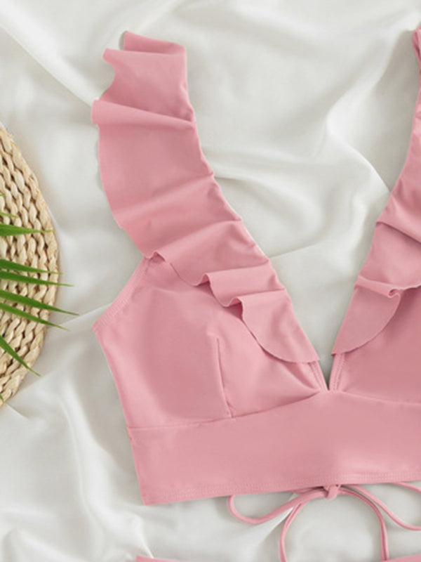 New women's lace V-neck ruffled high-waist bikini
