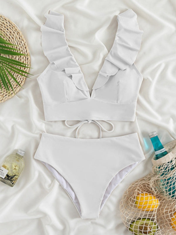 New women's lace V-neck ruffled high-waist bikini