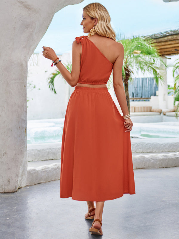 Slanted Shoulder Crop Top & Skirt Set