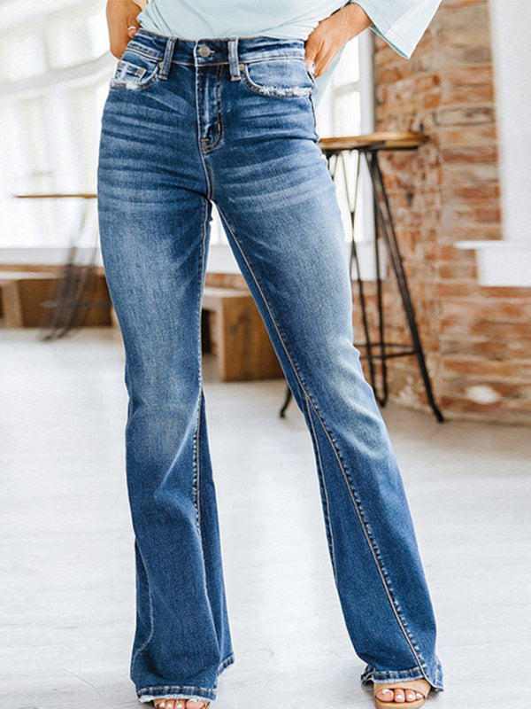 Women's New Casual Fashion Slim High Waist Slightly Flared Denim Trousers