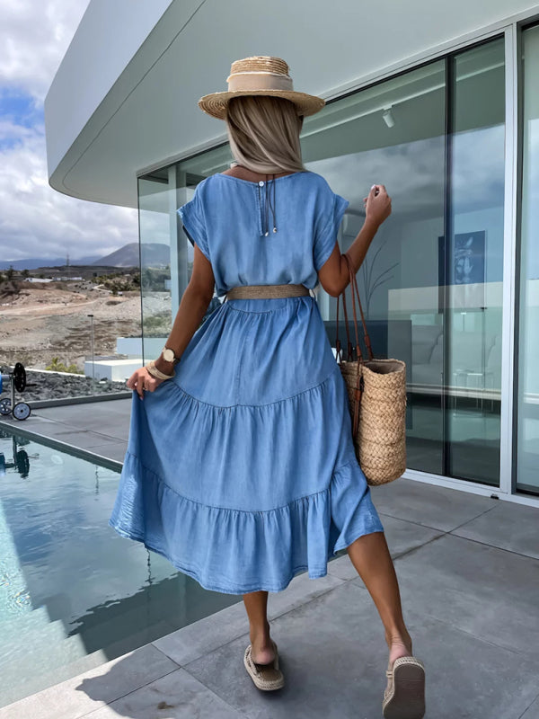 New fashionable waisted simple round neck solid color dress without belt
