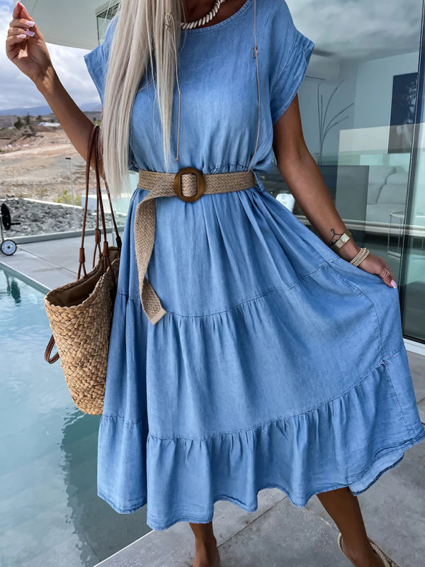 New fashionable waisted simple round neck solid color dress without belt