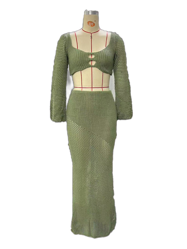 Tie Front Long Sleeve Crop & Maxi Skirt Set