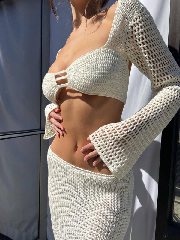 Tie Front Long Sleeve Crop & Maxi Skirt Set