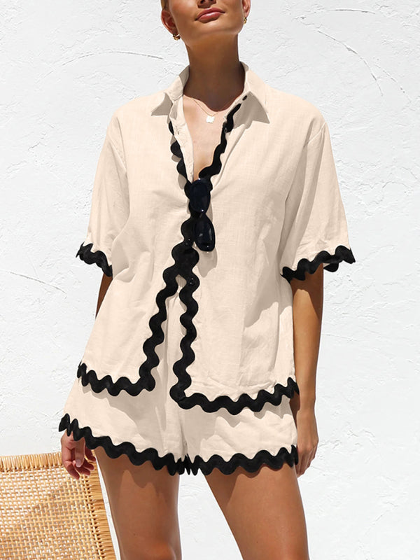 White with Black Trim Blouse & Shorts Set