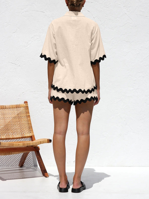 White with Black Trim Blouse & Shorts Set