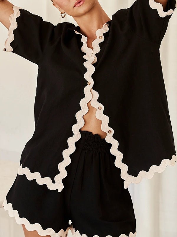 White with Black Trim Blouse & Shorts Set
