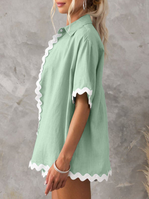 White with Black Trim Blouse & Shorts Set