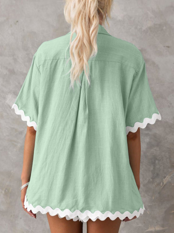 White with Black Trim Blouse & Shorts Set