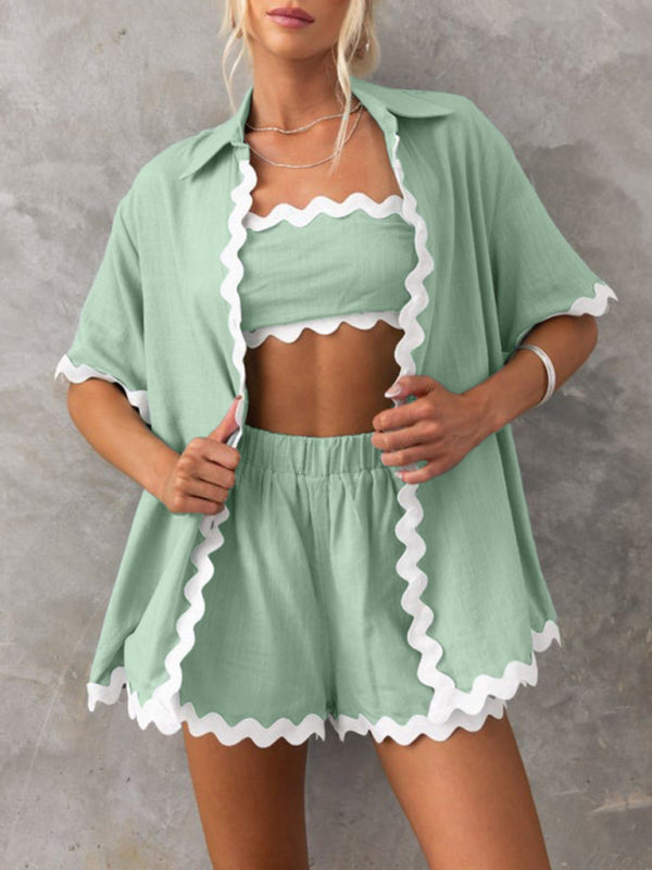 White with Black Trim Blouse & Shorts Set